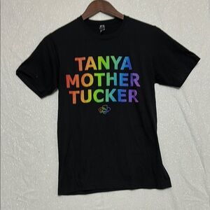 Tanya Tucker Black Short Sleeve Tee with Bold Rainbow Text. Size Small
